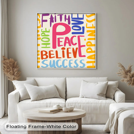 Featuring peace in vibrant pink, the loudest element is part of a unique canvas print of motivational colorful typography, including words faith, love, and hope.