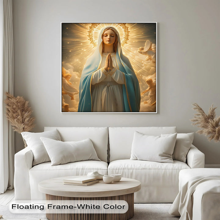 This luminous photo canvas of the Blessed Mother in prayer inspires reverence and spiritual calm.

