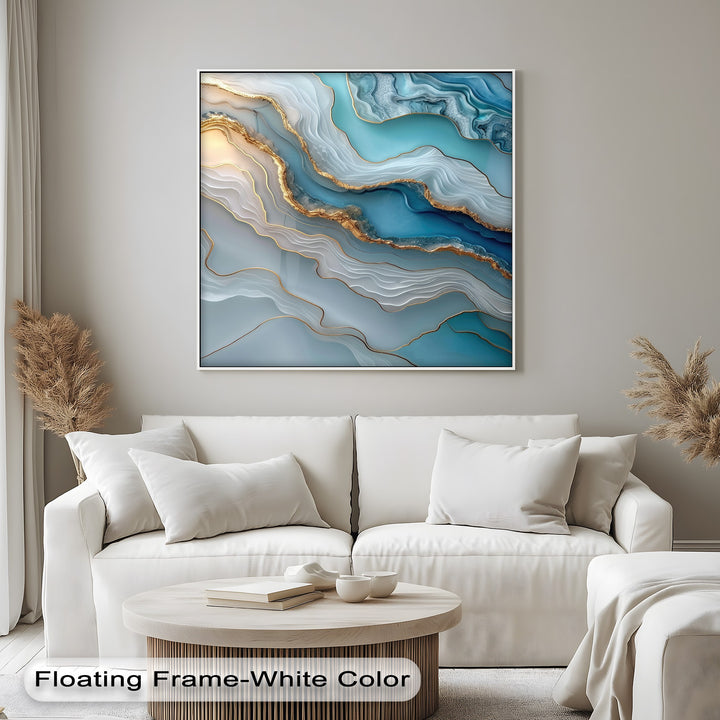 The smooth, light gray wall in the background provides a neutral setting for the vibrant turquoise agate luxury abstract marble canvas art.