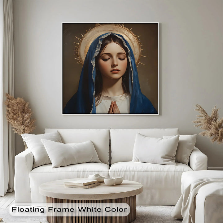 This stunning custom canvas print portrays Mary’s holiness with delicate detail and deep reverence.

