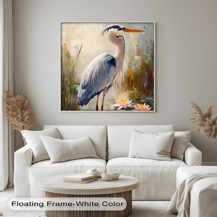 Graceful Heron Among Lilies – Serene Wildlife Canvas Print