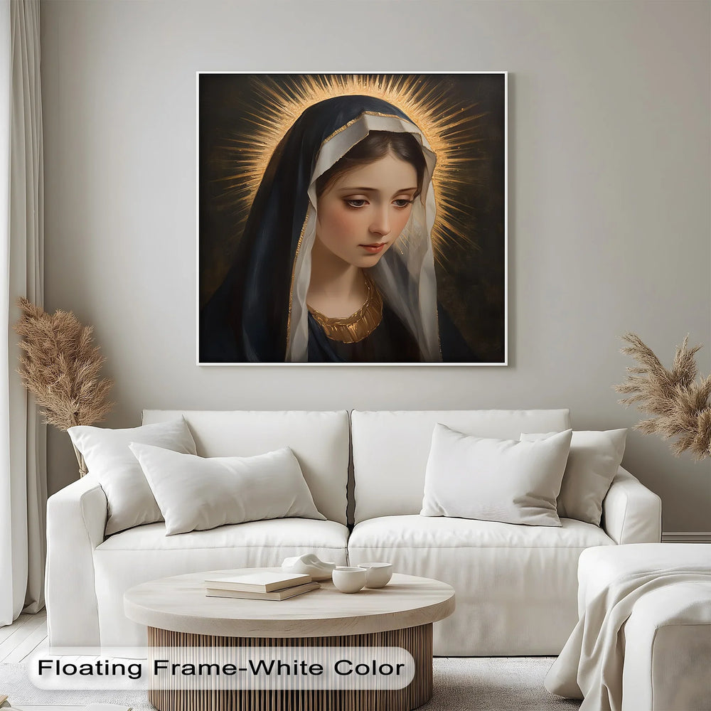 This elegant canvas print portrays the Blessed Mother with golden light and sacred calm.

