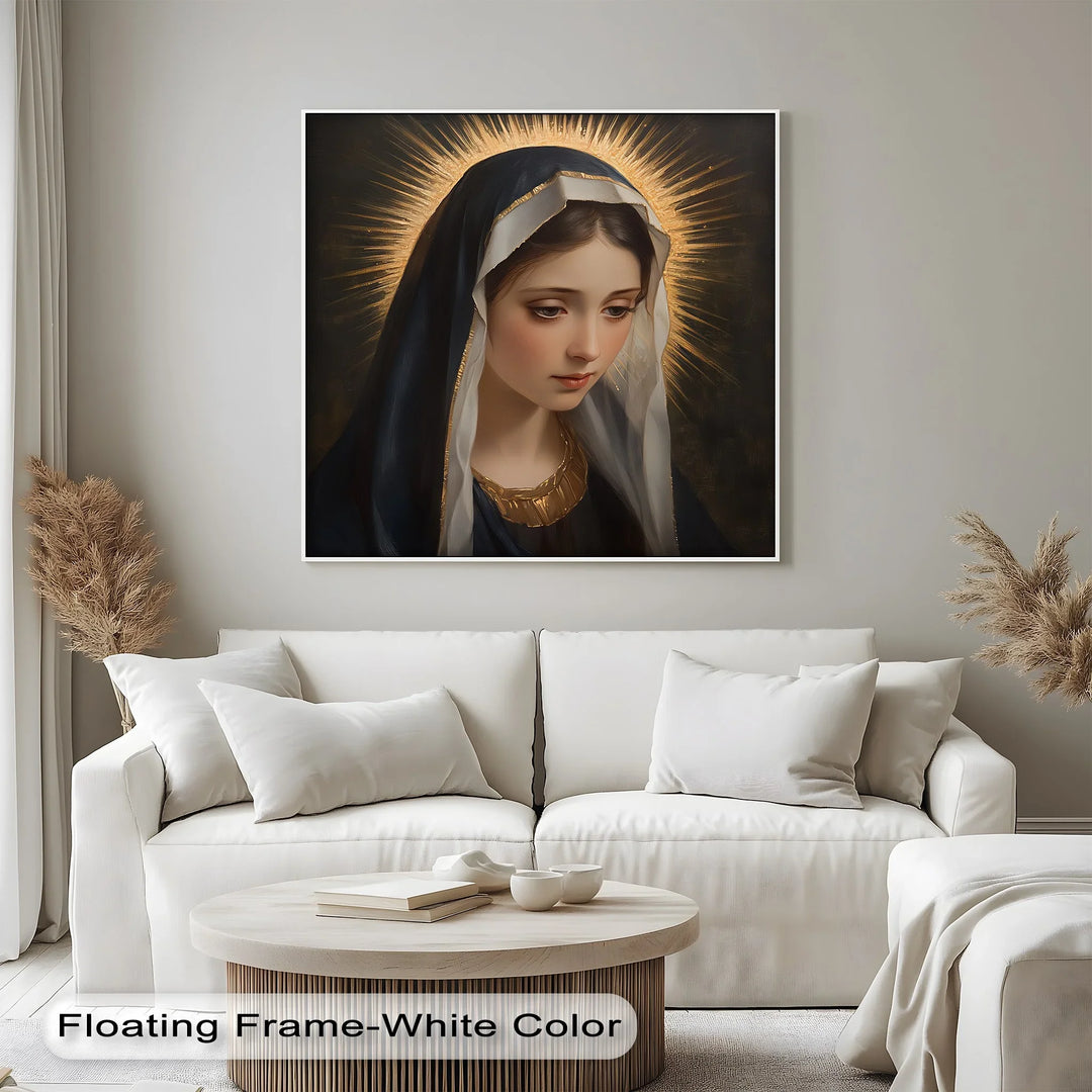 This elegant canvas print portrays the Blessed Mother with golden light and sacred calm.

