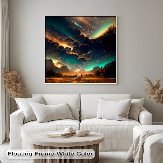 Showcasing the layering effect, this celestial dreamscape canvas print uses dramatic composition to elevate the premium canvas decor of a forest lake under the northern lights.
