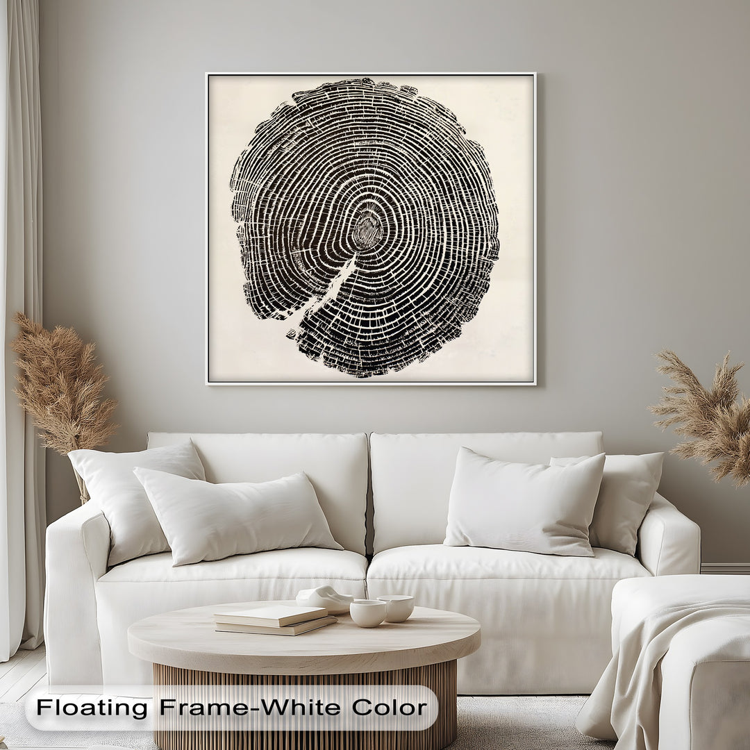 Rhythmic concentric wood grain lines create a captivating visual rhythm in this minimalist tree ring premium canvas decor print, adding depth and natural elegance.