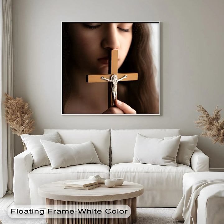 Faithful Prayer – Girl Holding Crucifix Close-Up Canvas Print