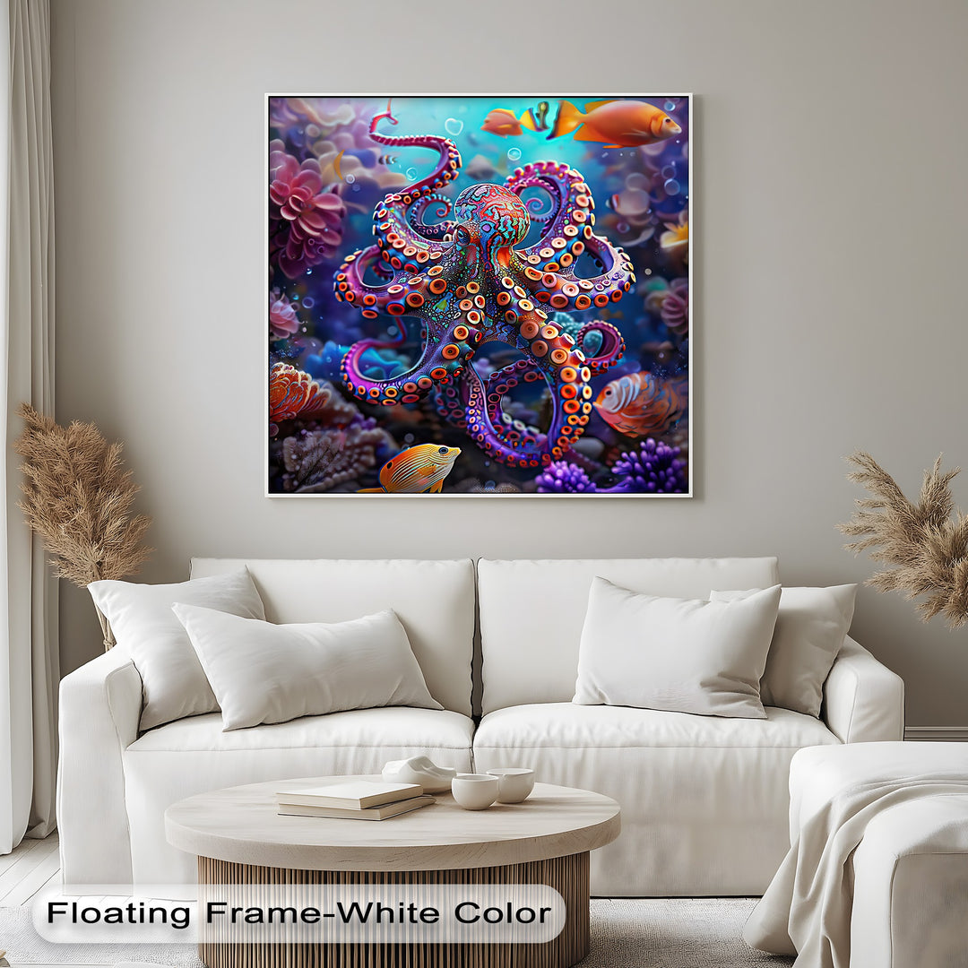 Highlighting the realistic detail, this premium canvas decor captures a vibrant, colorful octopus swimming in a detailed coral reef with tropical fish.