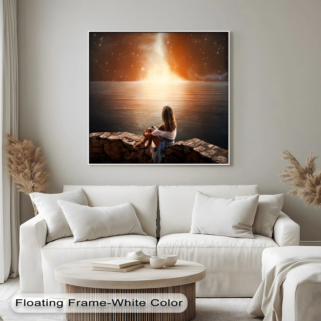 Cosmic Reflection – Stargazing Woman by the Ocean Canvas Print