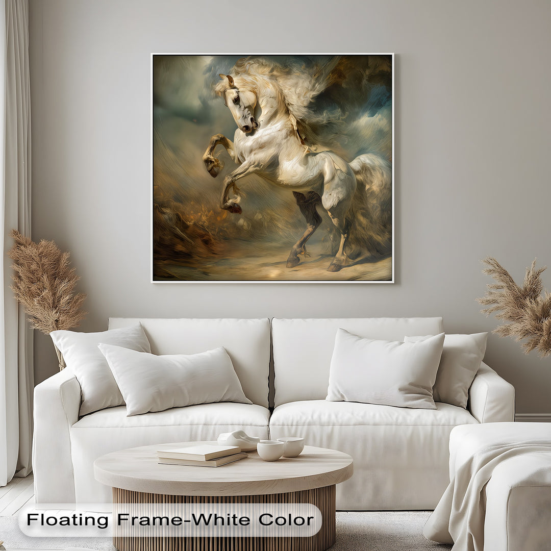 Eclipsed Thunder – Majestic Rearing White Horse Canvas Print