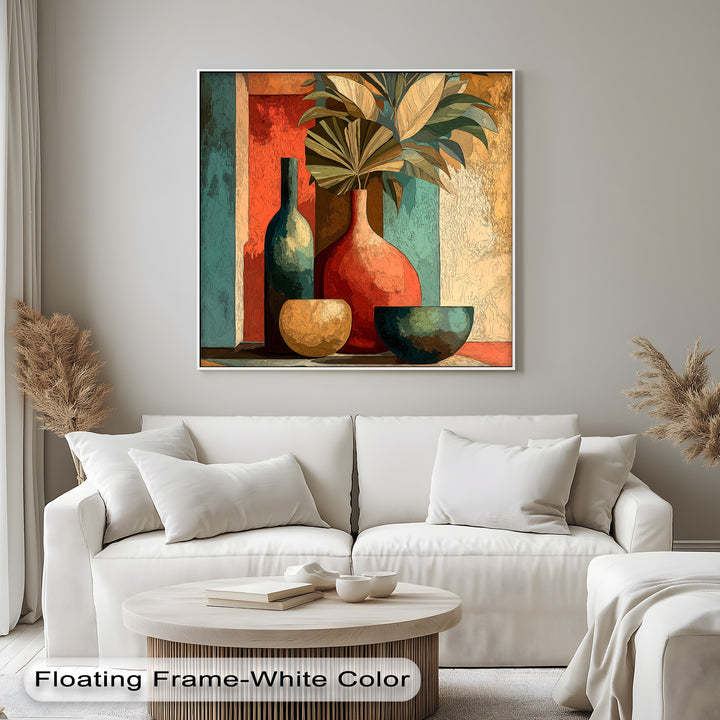 Against a vertically striped background, the hanging canvas features a modern botanical still life with abstract vases and tropical leaves.