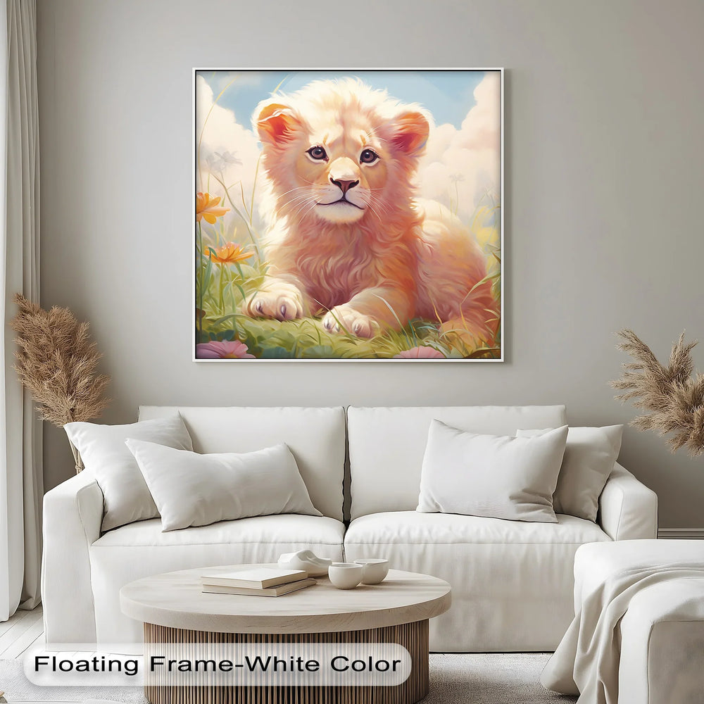 Innocent Majesty – Baby Lion Cub in Blooming Field Animal Canvas Print - MyPhotoStation