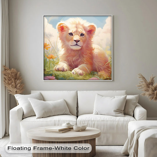 Gentle brushstrokes create the sensation of windblown petals surrounding the serene baby lion cub in this captivating animal canvas wall art.