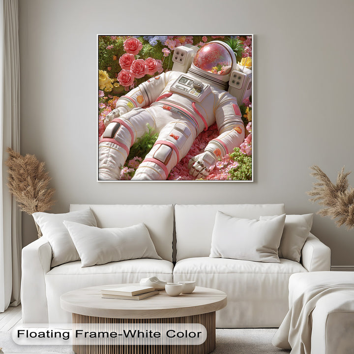 Astronaut Resting in a Garden of Flowers - Pink Canvas Print