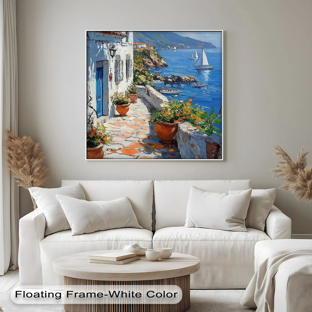 Mediterranean Stroll – Seaside Village Path with Blue Door Canvas Print - MyPhotoStation