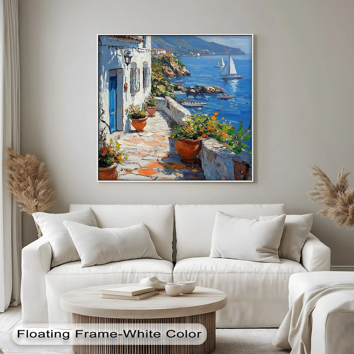 Mediterranean Stroll – Seaside Village Path with Blue Door Canvas Print - MyPhotoStation