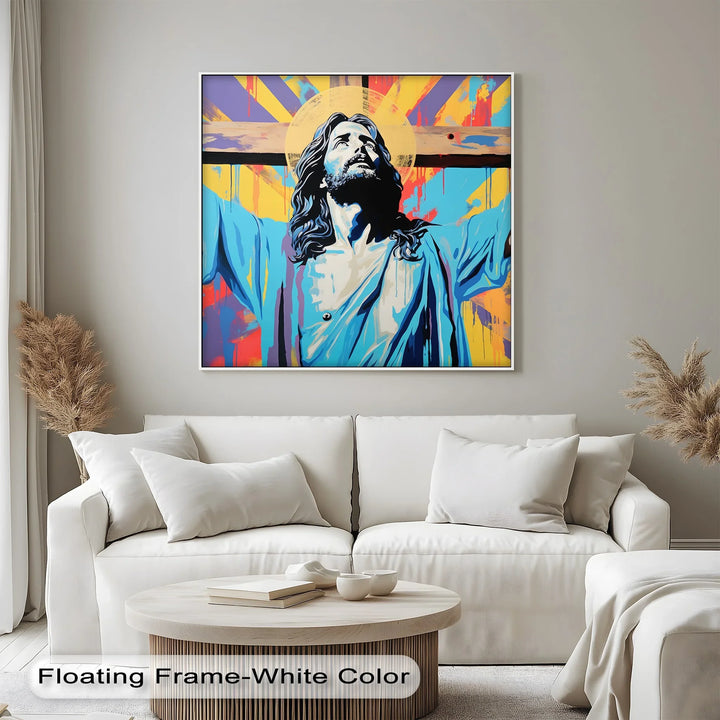 This powerful custom canvas print of Jesus on the cross radiates bold faith and hope in every brushstroke.

