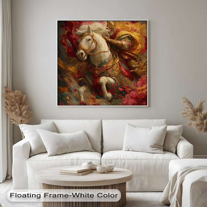 The Crimson Charge – Warrior on White Steed Canvas Print