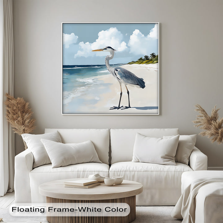 Coastal Heron Under Blue Skies – Tropical Beach Canvas Print