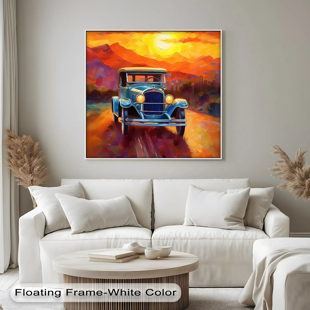 Sunset Journey – Vintage Car on Painted Desert Road Canvas Print - MyPhotoStation