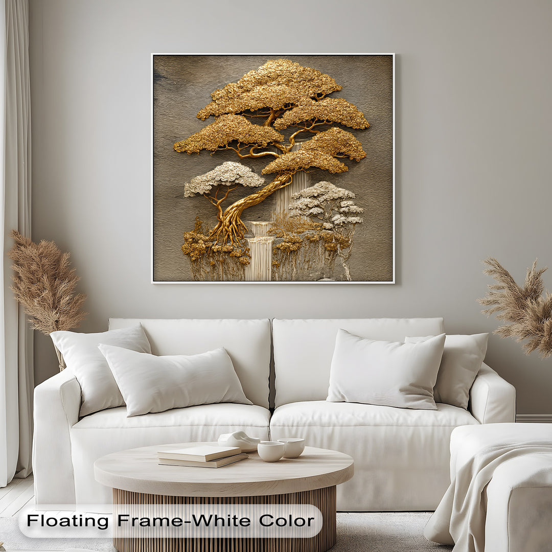 Golden Harmony – Layered Bonsai Trees and Waterfall Canvas Print