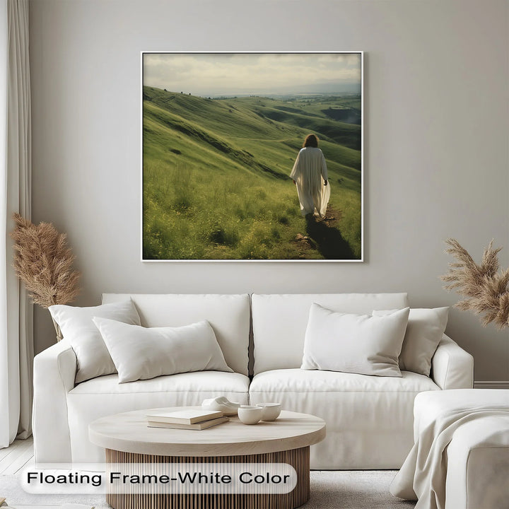 Let your heart rest in this sacred photo canvas capturing Christ on a pastoral path.

