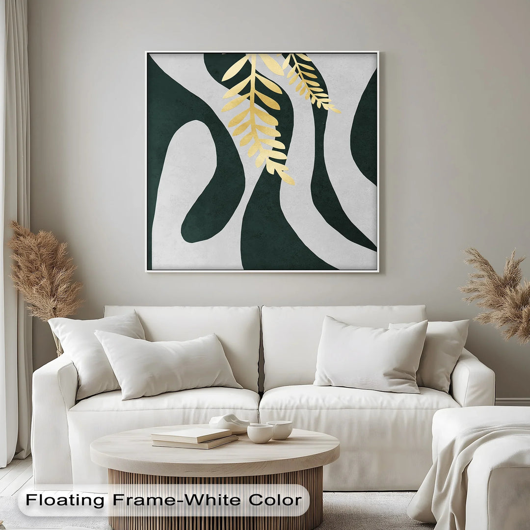 Golden Fern Over Emerald Flow – Minimal Botanical Canvas Print - MyPhotoStation