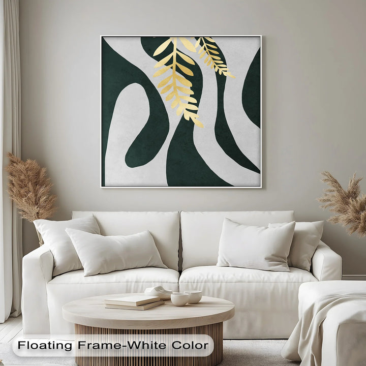 Golden Fern Over Emerald Flow – Minimal Botanical Canvas Print - MyPhotoStation