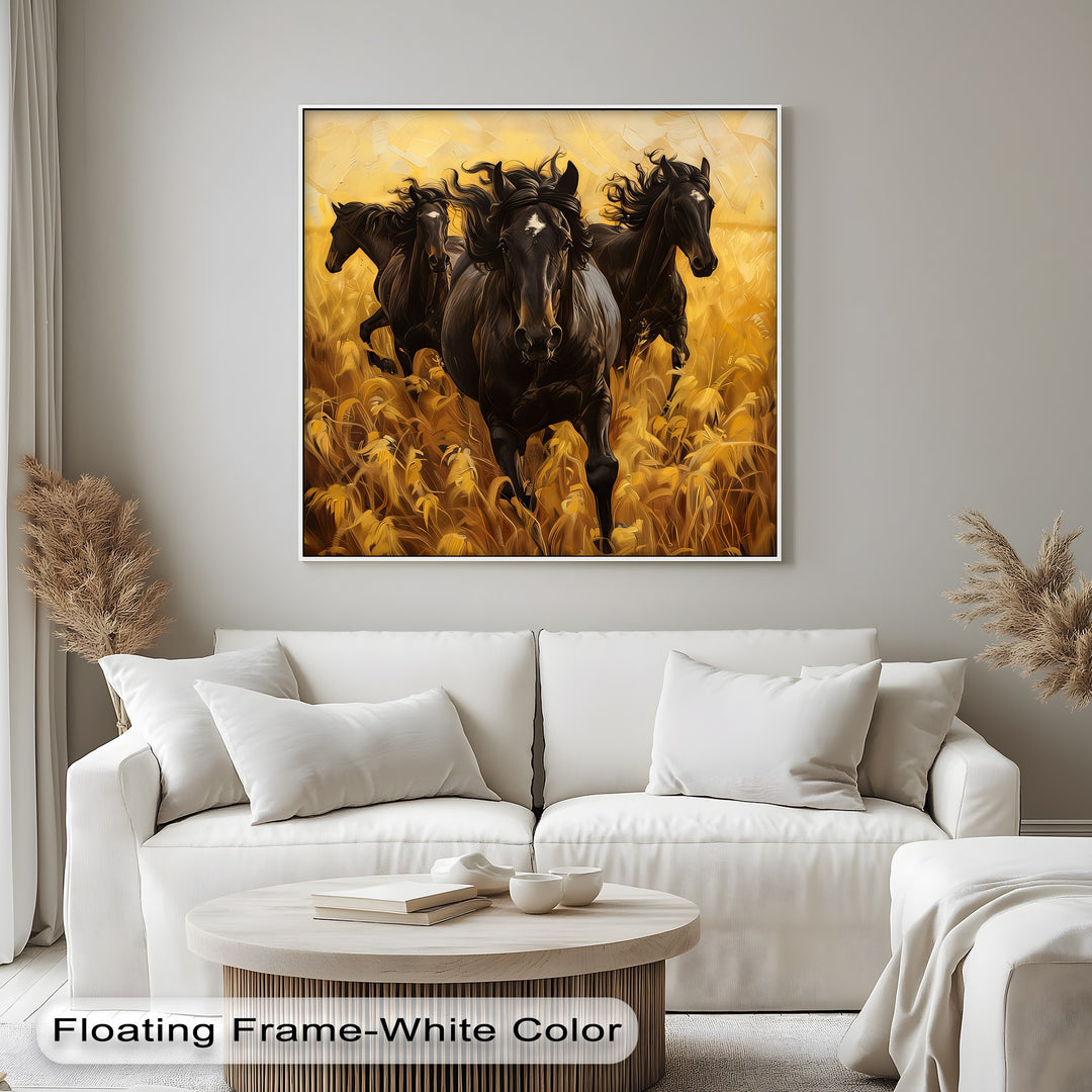 Black Horses Running Through a Wheat Field - Horse Canvas Print