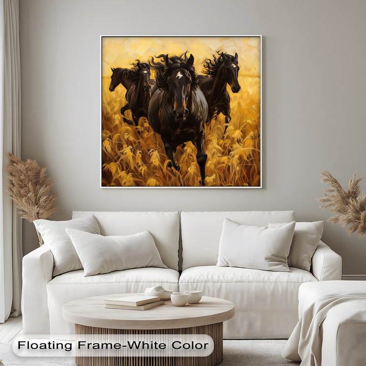 Black Horses Running Through a Wheat Field - Horse Canvas Print