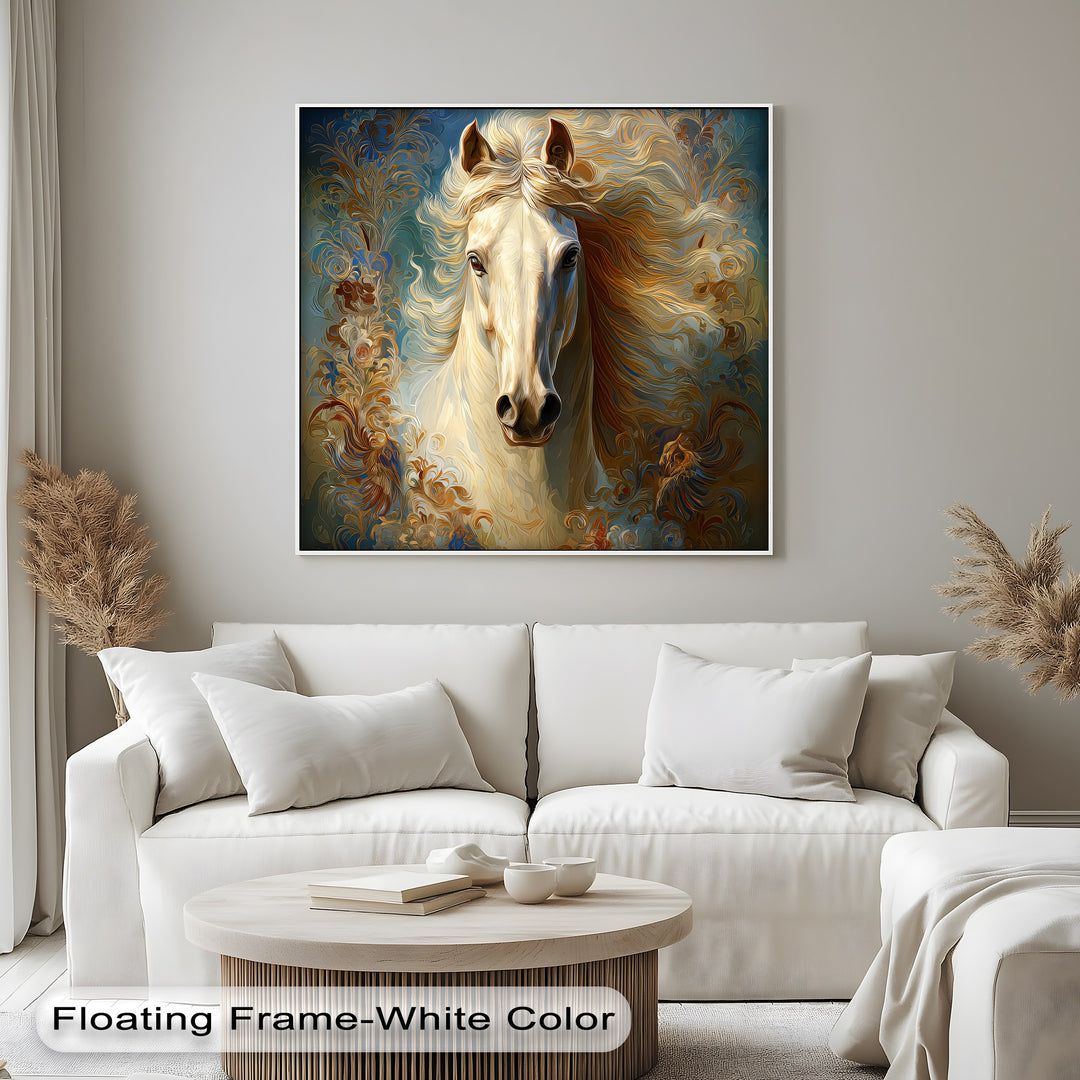 White Horse with Flowing Mane and Ornamental Aura - Horse Canvas Print