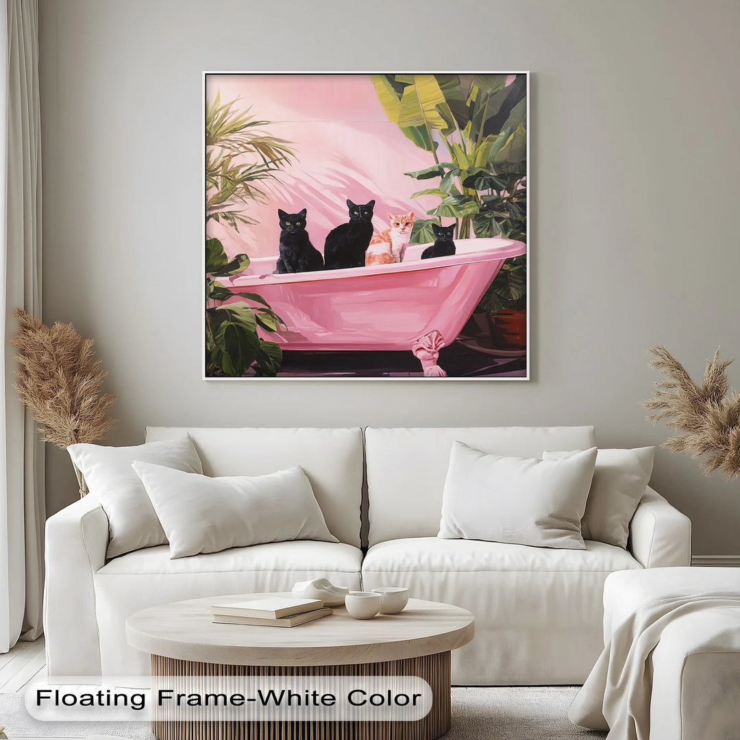 Four Cats in a Pink Bathtub – Playful Botanical Canvas Print - MyPhotoStation