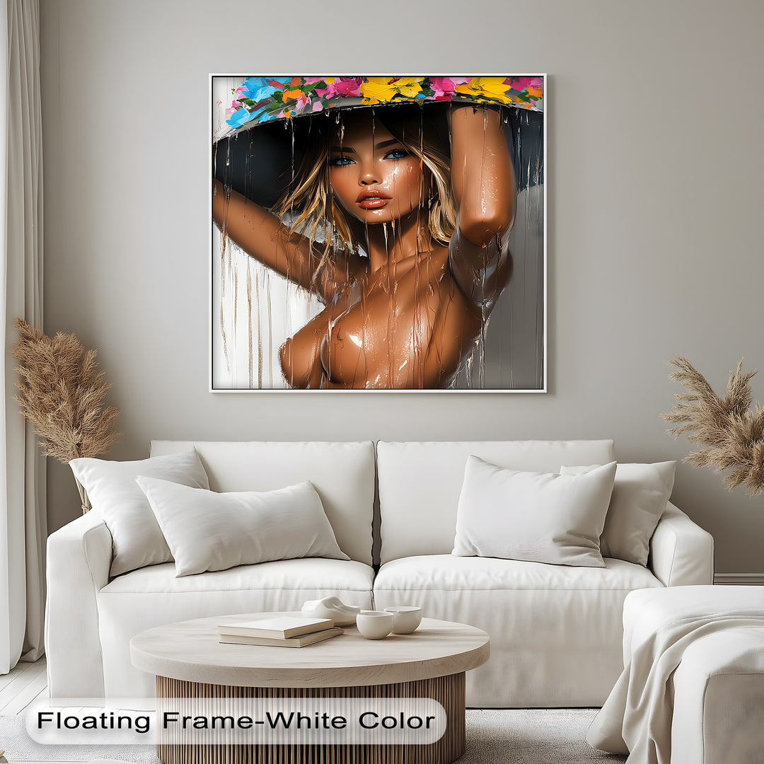 Drenched Woman with Floral Hat Canvas Wall Art | Artwork Canvas