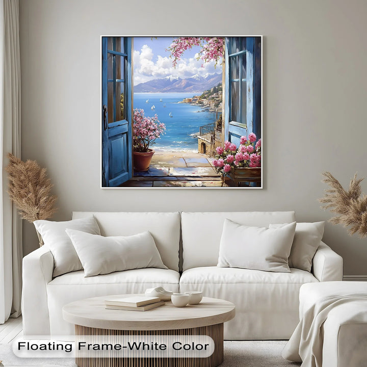 Mediterranean View – Open Window with Coastal Seascape Canvas Print - MyPhotoStation
