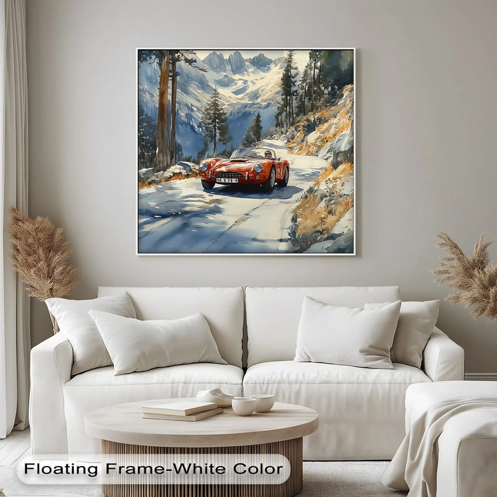 Crimson Speed – Classic Red Sports Car in Mountain Pass Canvas Print - MyPhotoStation