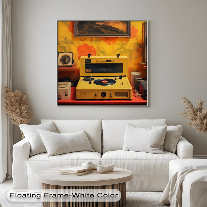 Sunset Groove – Retro Turntable & Futuristic Landscape Canvas Print