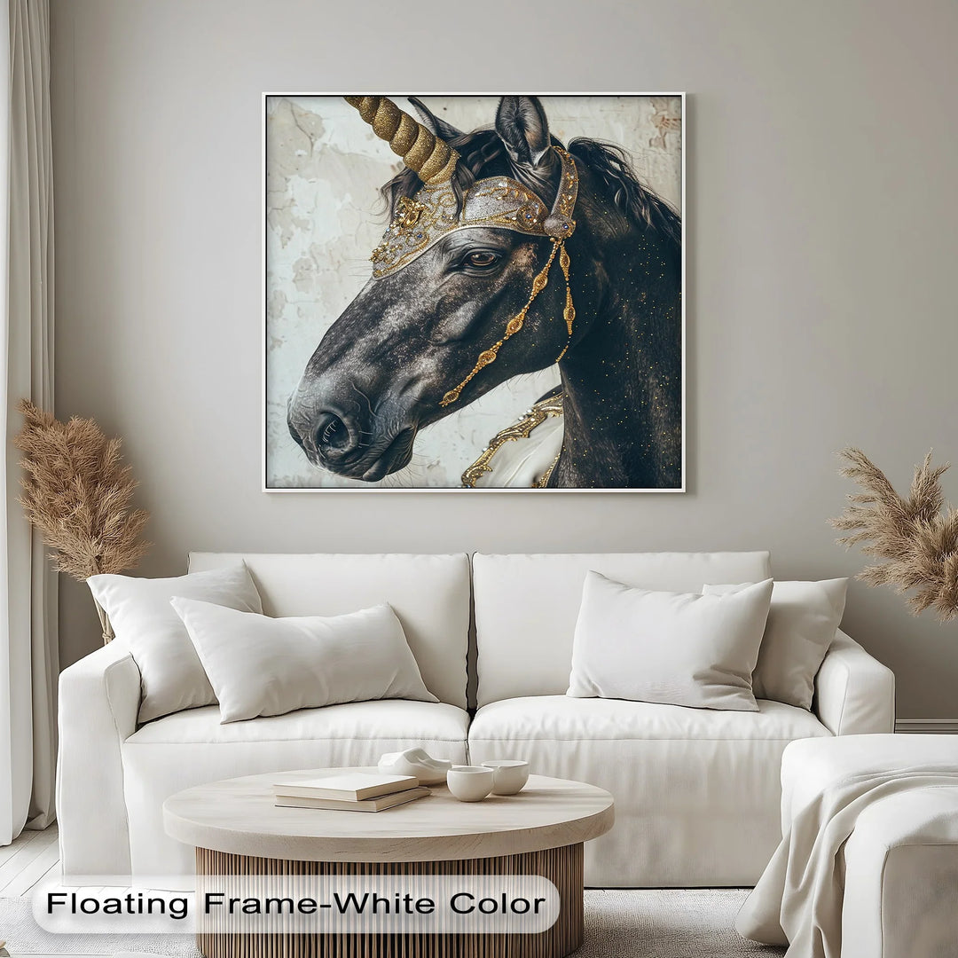 Regal Black Unicorn with Golden Armor – Fantasy Animal Canvas Print - MyPhotoStation