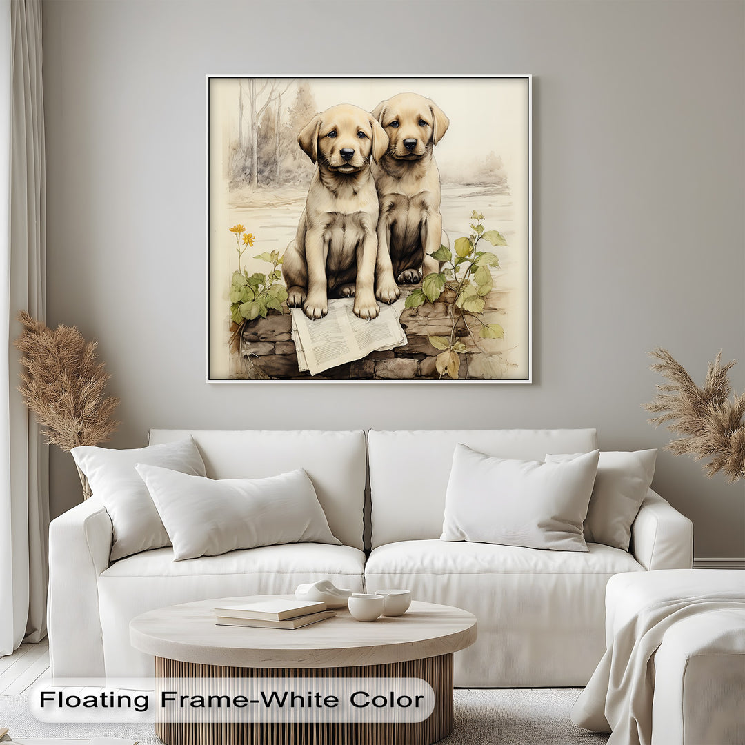 Stone Wall Puppies – Vintage Nature Scene Puppies Canvas Print