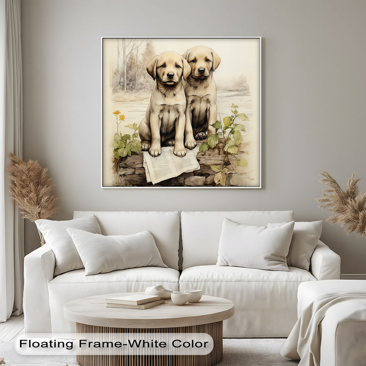 Stone Wall Puppies – Vintage Nature Scene Puppies Canvas Print