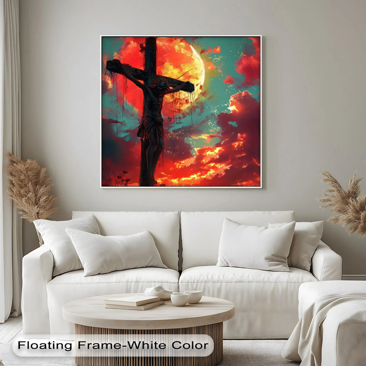 Crimson Redemption – Jesus on the Cross at Sunset Canvas Print