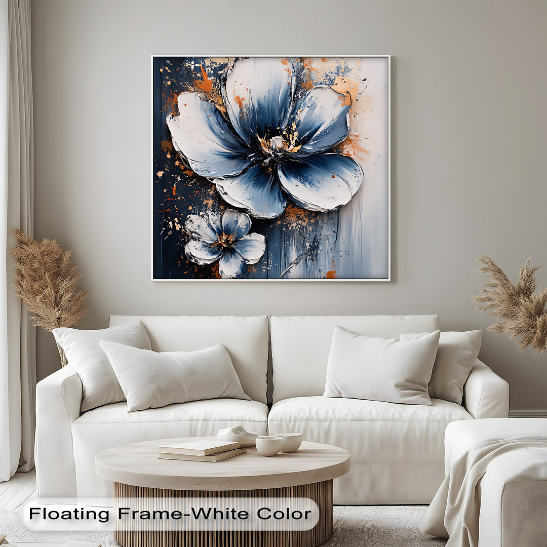 Electric Midnight Bloom – Blue and White Abstract Floral Canvas Print
