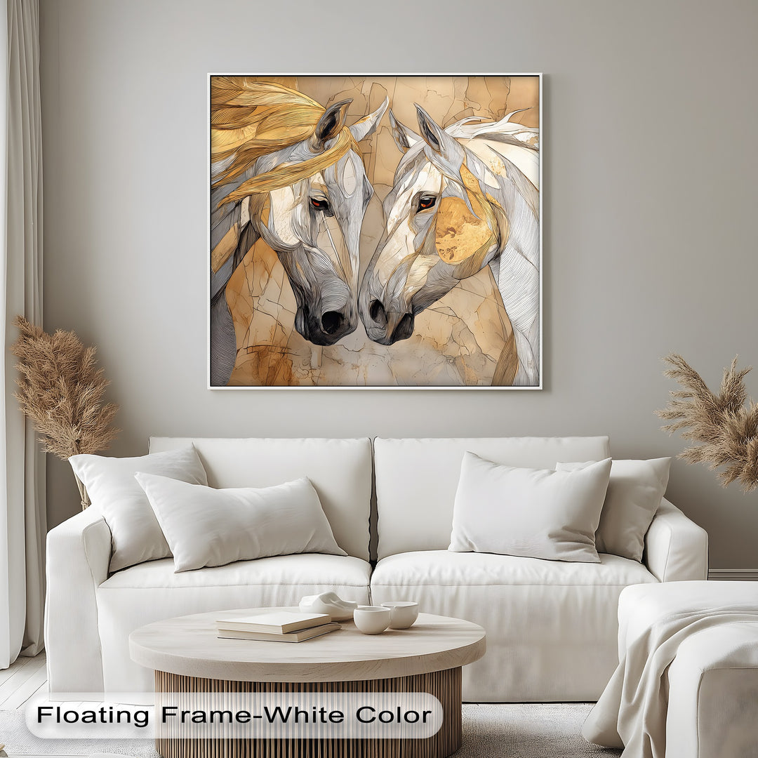 Desert Bond – Twin Horses in Earth-Tone Line Art Canvas Print