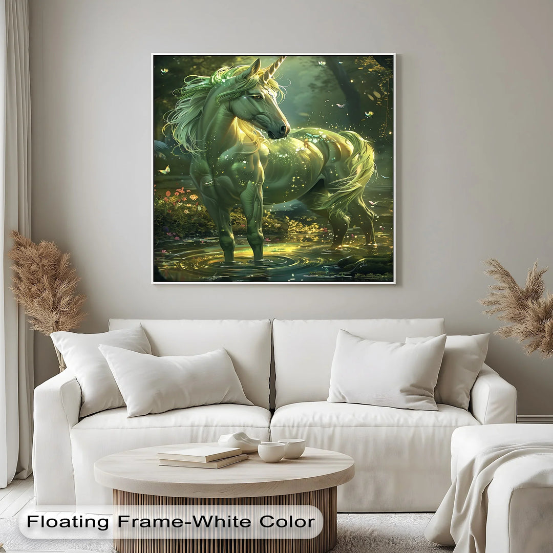 Glowing Green Unicorn in Enchanted Pond - Animal Canvas Print - MyPhotoStation