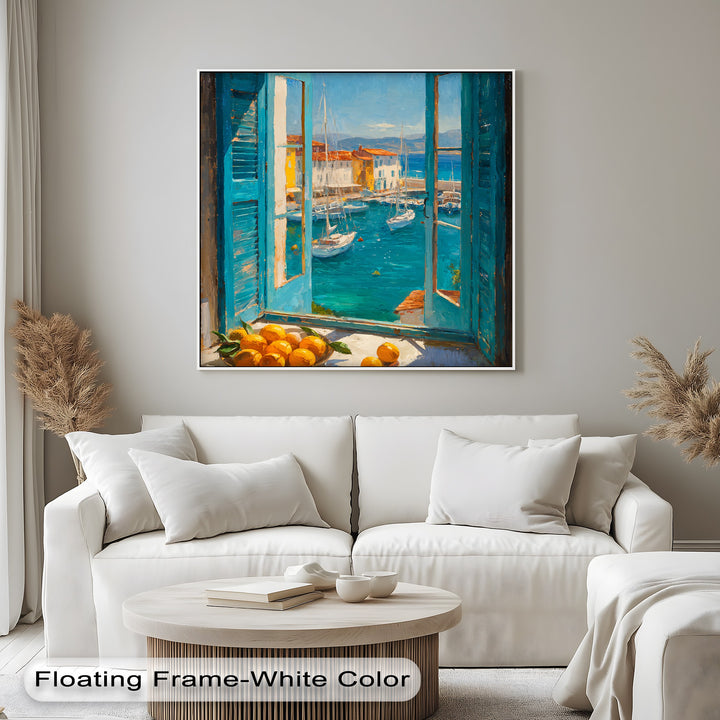 Featuring fluid, organic forms, the 'Mediterranean Harbor Window' canvas print brings captivating canvas wall decor through its depiction of a sun-drenched coastal village scene.