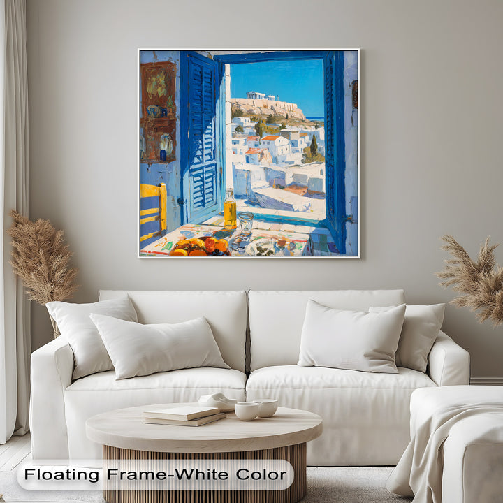 Layering the Santorini landscape, the Greek window view canvas print showcases a beautiful Mediterranean scene using depth to draw the eye into the canvas wall art.