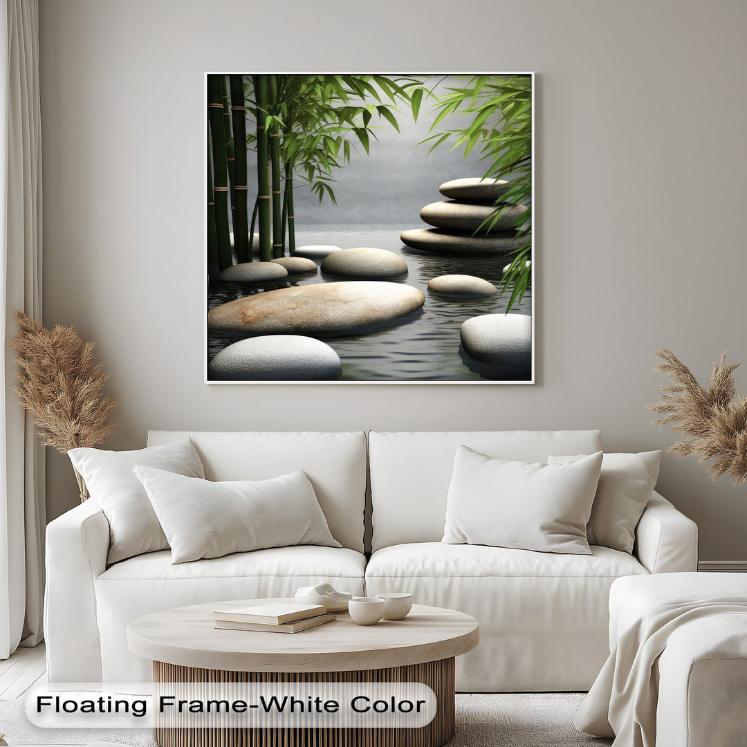 The naturally saturated colors of this serene framed canvas depict vibrant bamboo and smooth zen stones in tranquil water.