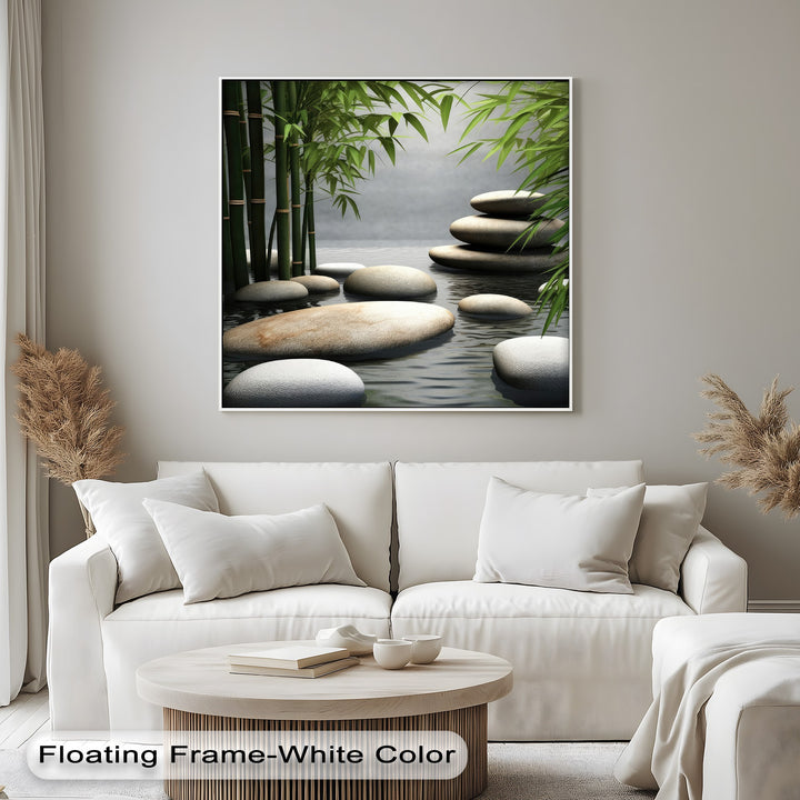 The naturally saturated colors of this serene framed canvas depict vibrant bamboo and smooth zen stones in tranquil water.