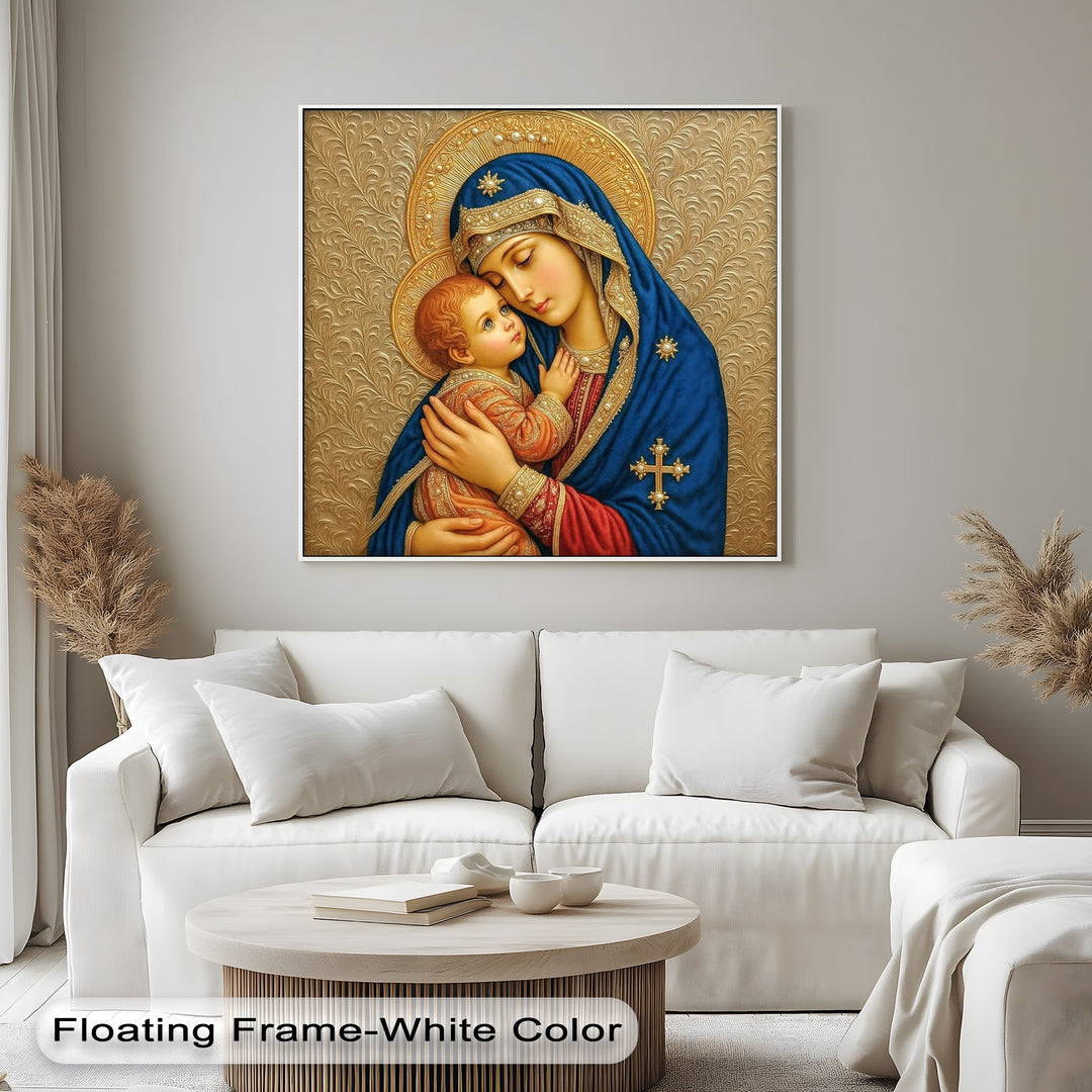The realistic detail of the Madonna and Child, with golden halos and rich blue robes, marks this as one of the best canvas prints.