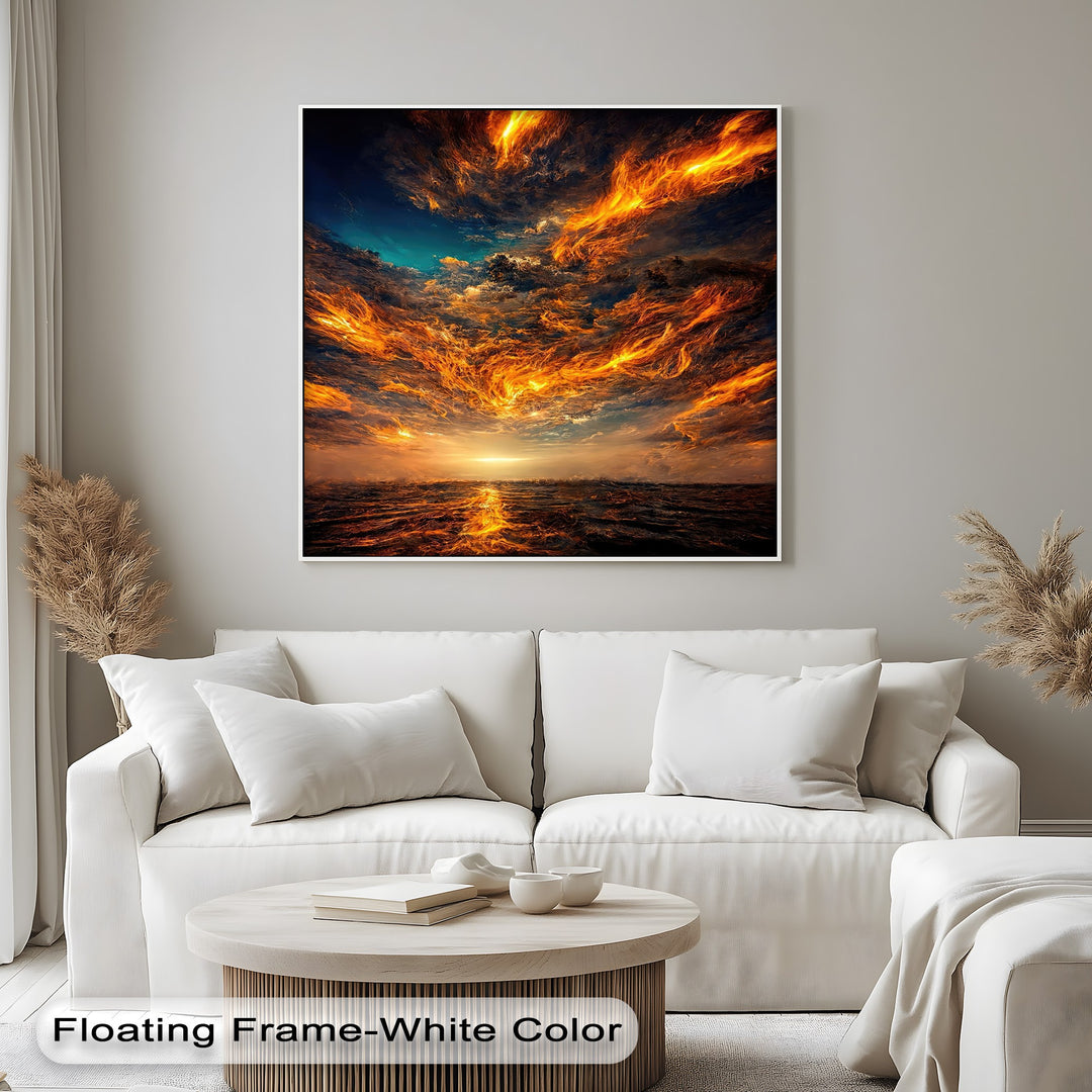Showcasing depth and layers, this canvas wall decor features a dark ocean leading to a bright horizon under a fiery orange cloud sky.