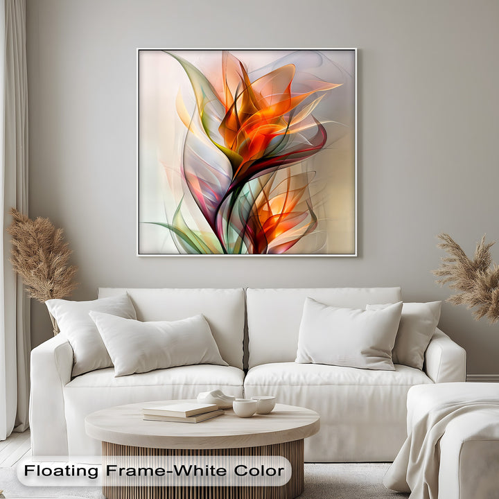 Exquisite visual rhythm radiates from the abstract floral design, a high quality canvas print featuring flowing orange and green botanical forms.