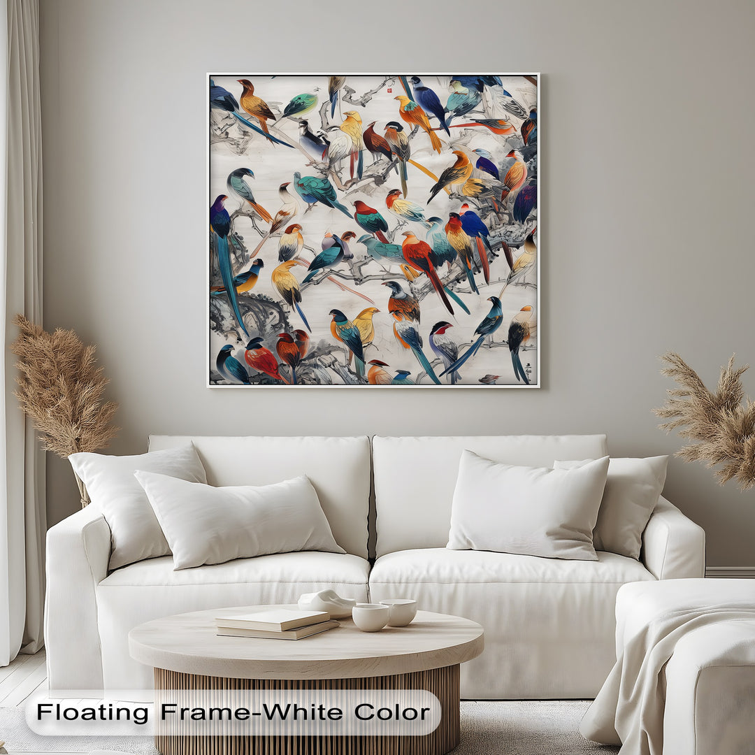 Symphony of Colors – Exotic Birds Gathering Canvas Wall Art | Large Canvas